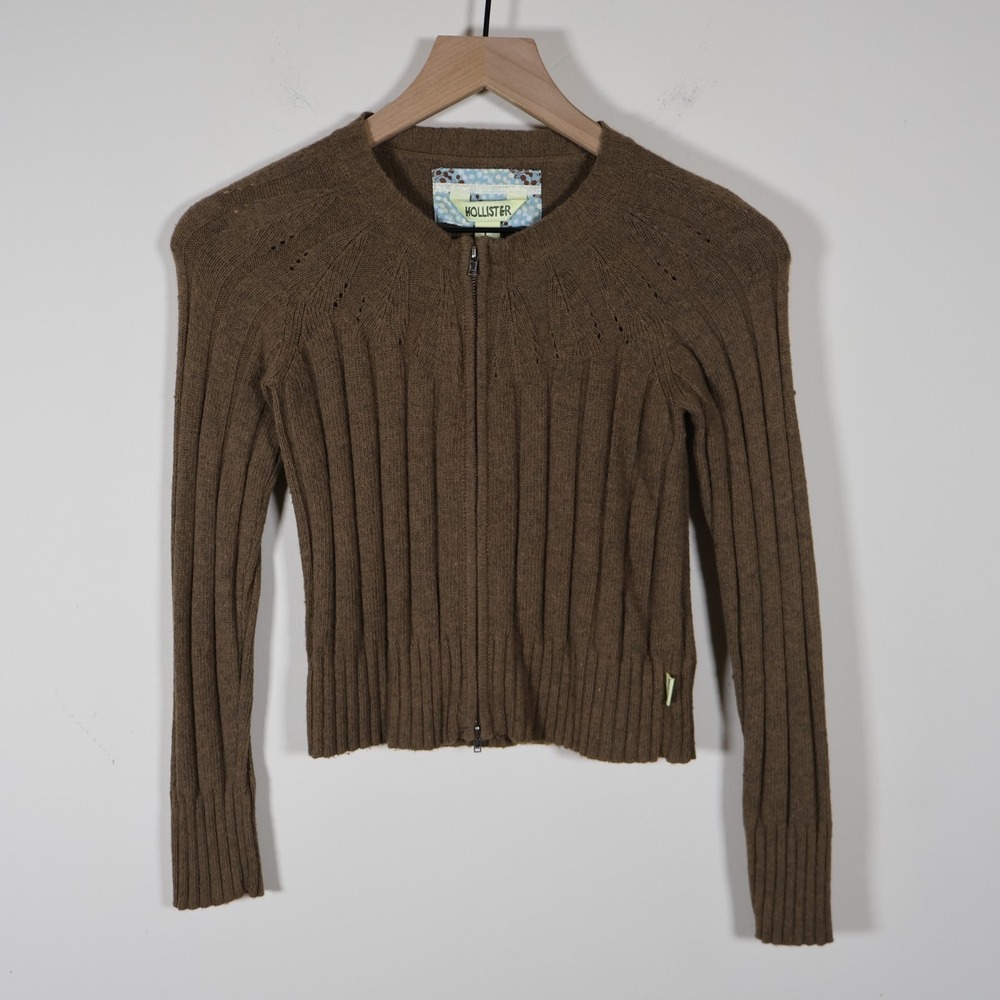 Hollister Full‎ Zip Rabbit Hair Blend Ribbed Stretch Sweater Brown Large 14.5x17